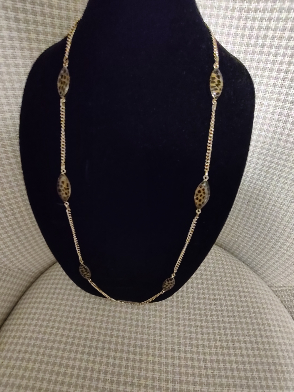 Gold-Tone Long Link Necklace with Leopard Accent